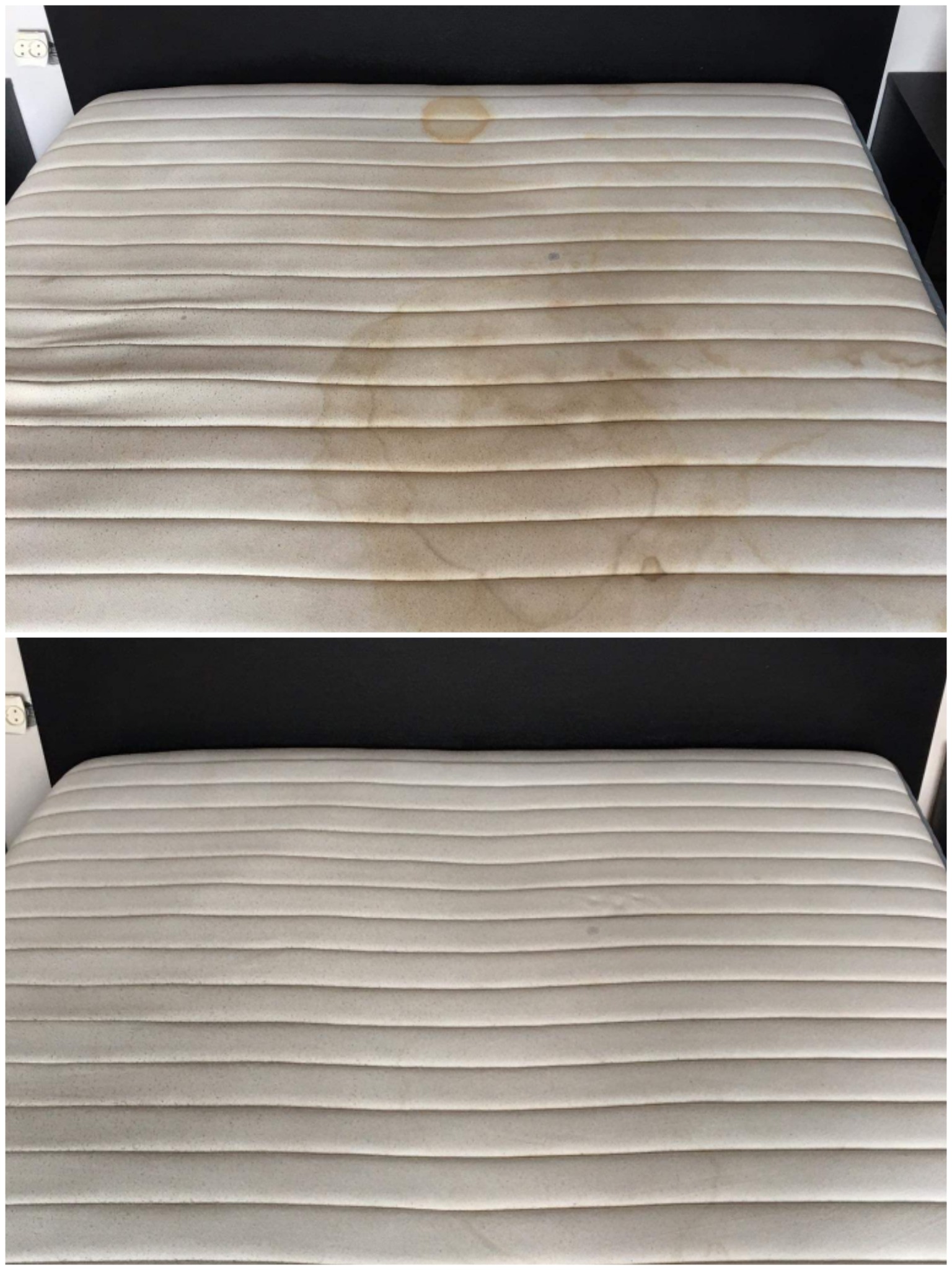 Materac po czyszczeniu: góra z plamami, dół czysty. Widoczny efekt prania tapicerki, kontrastujące ujęcia przed i po zabiegu, ukazujące skuteczność usługi.