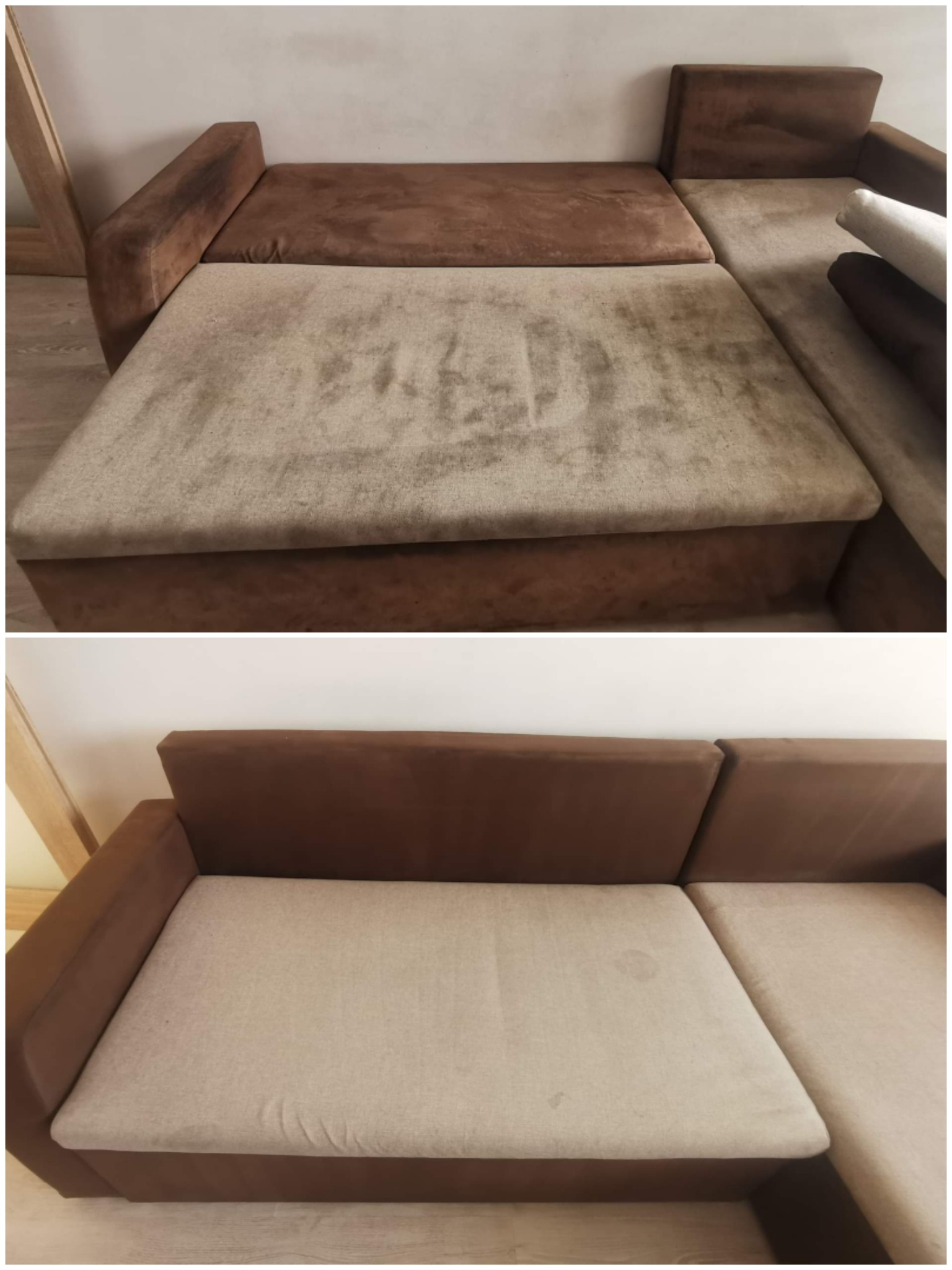 Zdjęcie 'przed i po' przedstawia kanapę narożną. Górna część ukazuje zabrudzoną tapicerkę, dolna prezentuje efekt po czyszczeniu, z widocznie odświeżonym kolorem.