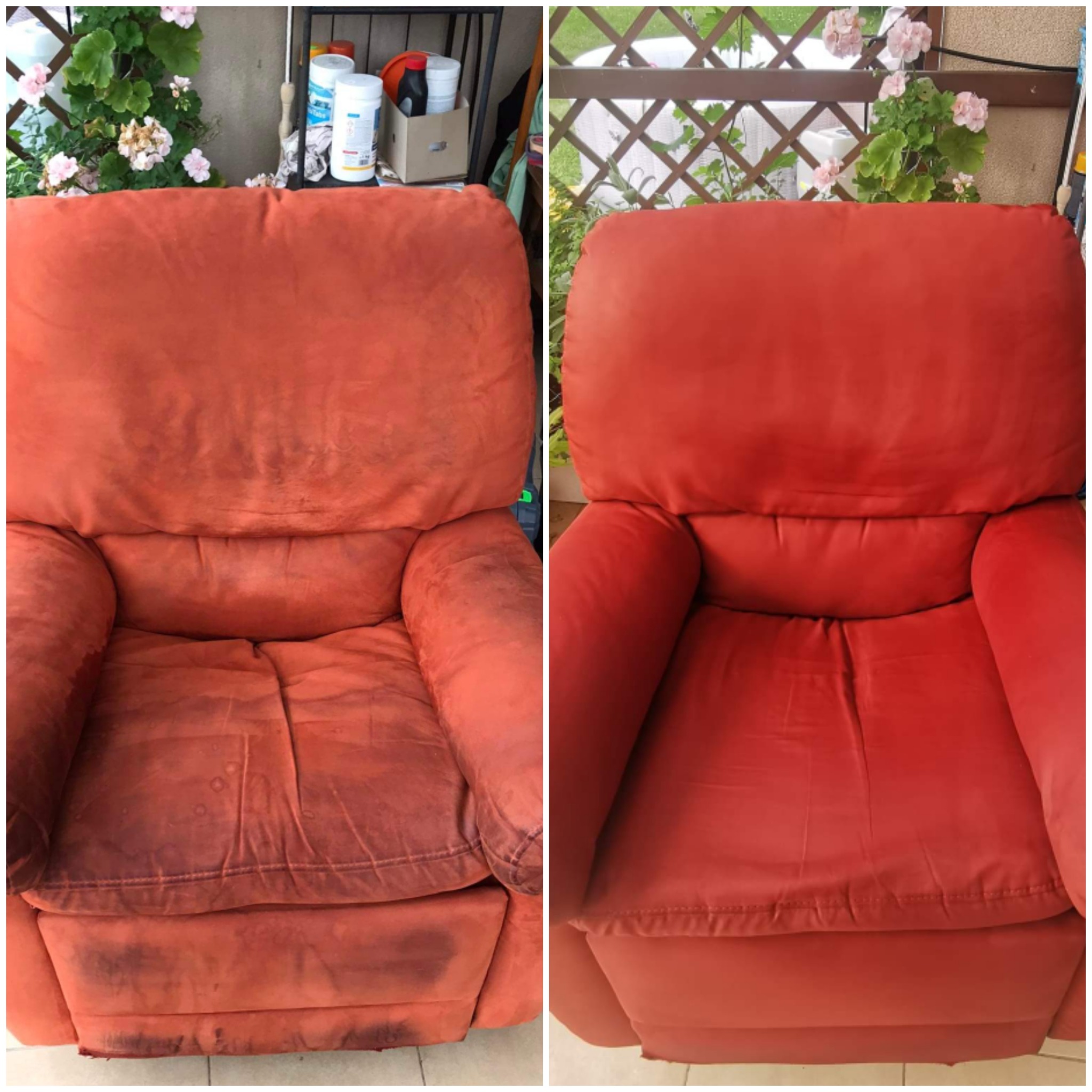 Fotel w odcieniach czerwieni: po lewej stronie zabrudzony, po prawej - po czyszczeniu. Widoczne różnice w kolorze i czystości tapicerki. Ujęcie typu 'przed i po'.