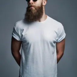 Portret mężczyzny z brodą i okularami przeciwsłonecznymi, pozującego na szarym tle, ręce skrzyżowane za plecami.