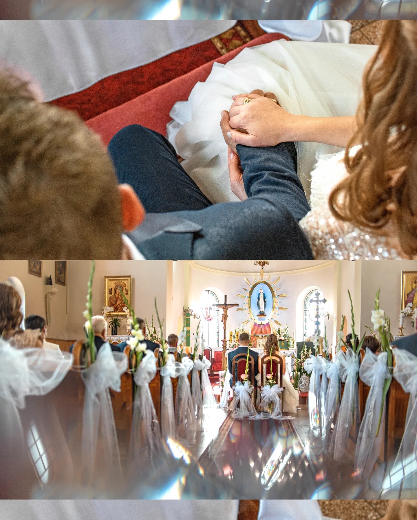 Para młoda trzymająca się za ręce podczas ceremonii ślubnej w kościele, widok zza pleców gościa, dekorowane ławki, ołtarz w tle.