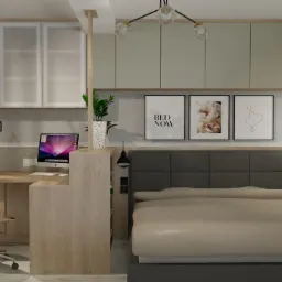 Wizualizacja sypialni na poddaszu z wydzieloną przestrzenią do pracy: biurko z komputerem, zabudowana garderoba pod skosem, szare łóżko z tapicerowanym zagłówkiem, trzy obrazy nad łóżkiem, okno...