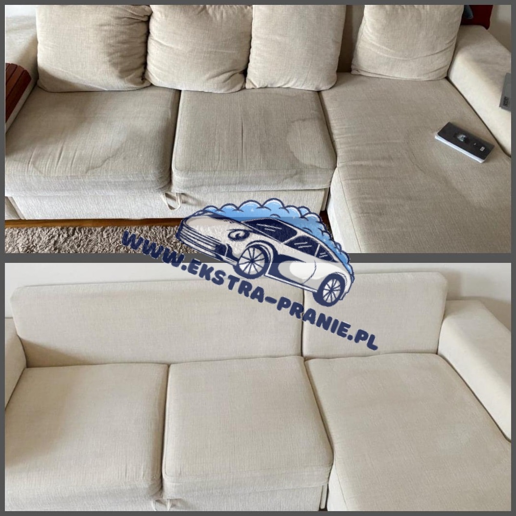 Beżowa kanapa narożna: widok przed i po czyszczeniu, z wyraźną różnicą w wyglądzie tapicerki.