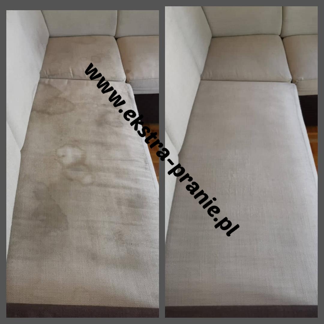 Porównanie: Fragment beżowej kanapy narożnej przed i po czyszczeniu, widoczne plamy usunięte, ujęcie z góry.