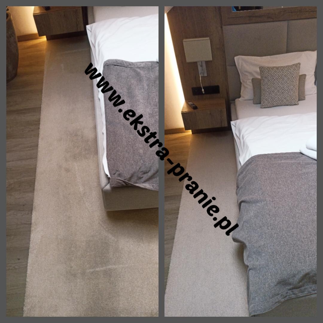 Dywan hotelowy przed i po czyszczeniu, widoczne wyraźne różnice w odcieniu i czystości włókien, ujęcie z perspektywy podłogi.