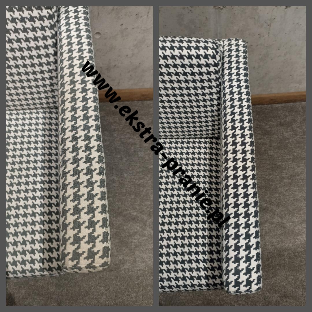 Dwa ujęcia fragmentu fotela tapicerowanego wzorem w pepitkę: po lewej stronie widoczny fragment brudnej tapicerki, po prawej - czysta tapicerka po praniu.