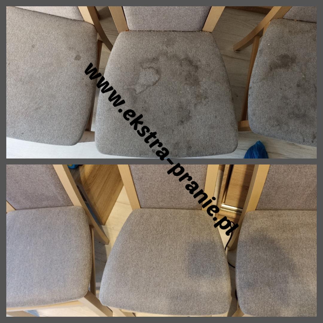 Porównanie tapicerowanych krzeseł przed i po czyszczeniu. Na górze widoczne plamy i zabrudzenia, na dole czyste, odświeżone siedziska. Ujęcie z góry, krzesła z jasnego drewna.