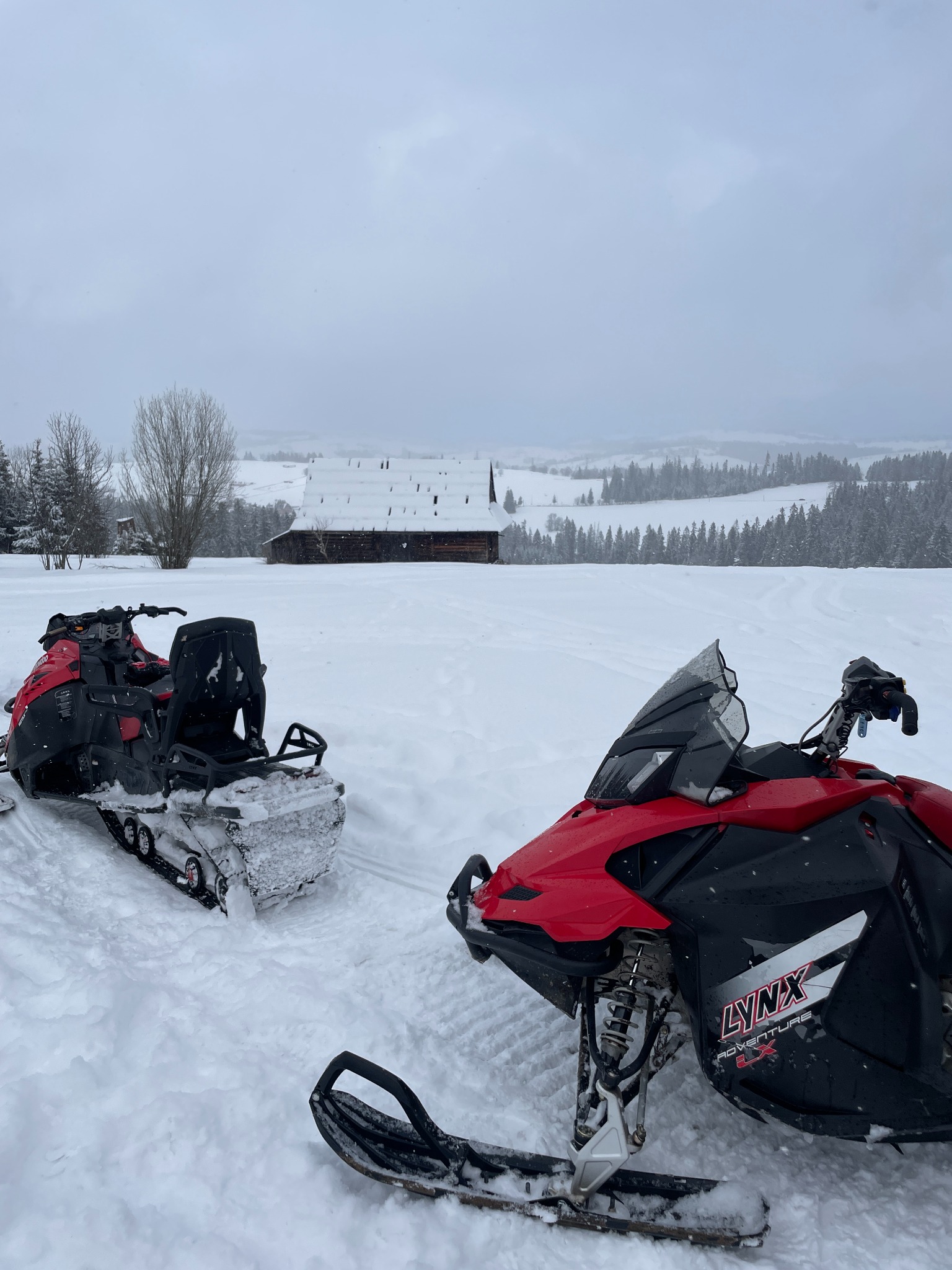 Dwa czerwono-czarne skutery śnieżne Lynx Adventure w zimowym krajobrazie z drewnianym budynkiem w tle, pokryte śniegiem. Pochmurne niebo.