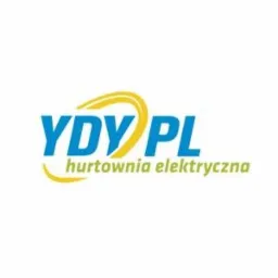 Logo hurtowni elektrycznej YDY PL z niebieskim napisem i żółtymi elementami graficznymi.