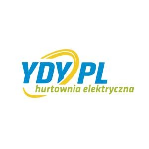 Logo hurtowni elektrycznej YDY PL z niebieskim napisem i żółtymi elementami graficznymi.