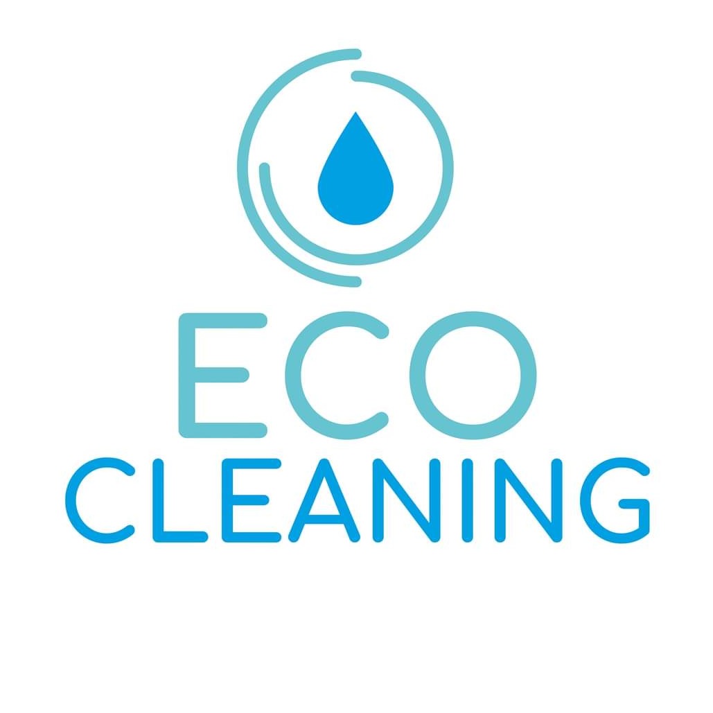 Logo firmy Eco Cleaning: stylizowana kropla wody w okręgu nad napisem ECO CLEANING, wykonane w odcieniach błękitu.