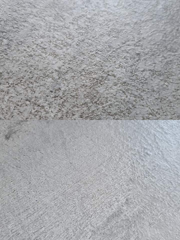 Porównanie dwóch powierzchni betonowych: górna część po czyszczeniu, dolna część przed czyszczeniem, widoczne różnice w odcieniu i strukturze.