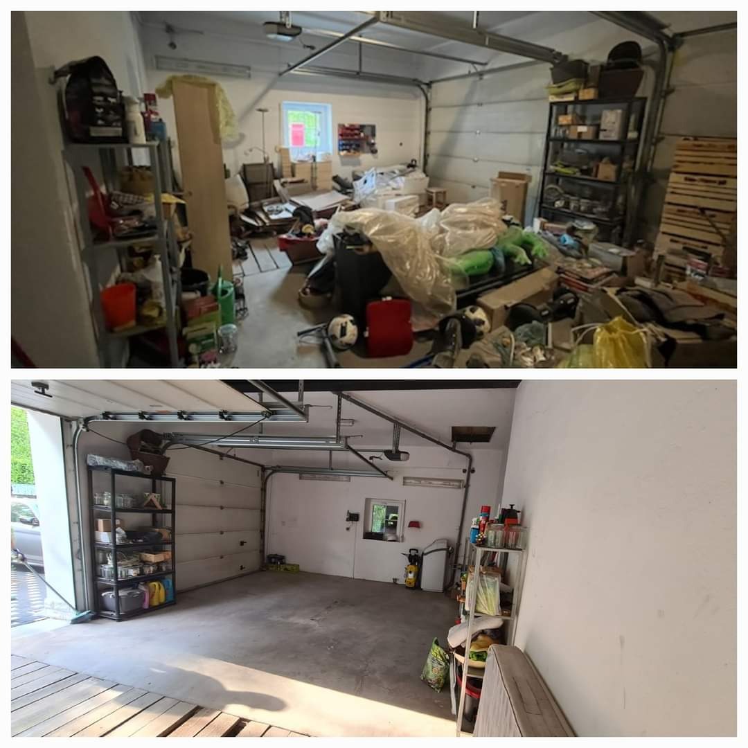 Zdjęcie garażu przed i po sprzątaniu: górna część ukazuje zagracone pomieszczenie z regałami, kartonami i workami, dolna część prezentuje ten sam garaż po posprzątaniu, z uporządkowanymi regałami...