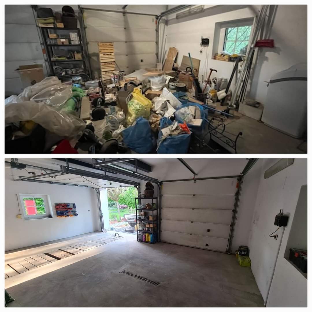 Garaż przed i po posprzątaniu: górne zdjęcie ukazuje zagracone pomieszczenie z workami śmieci, narzędziami i stertą przedmiotów, dolne zdjęcie prezentuje czysty, uporządkowany garaż z otwartymi...