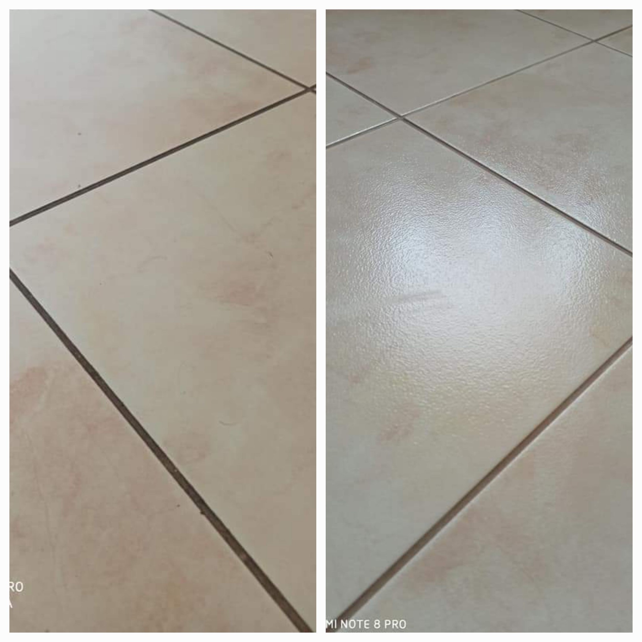 Porównanie płytek podłogowych przed i po czyszczeniu. Po lewej stronie widoczne zabrudzenia i matowa powierzchnia, po prawej - czyste, błyszczące płytki z wyraźnym refleksem światła.