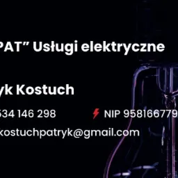 Wizytówka firmy 'ANPAT' Usługi elektryczne z danymi kontaktowymi na tle żarówki