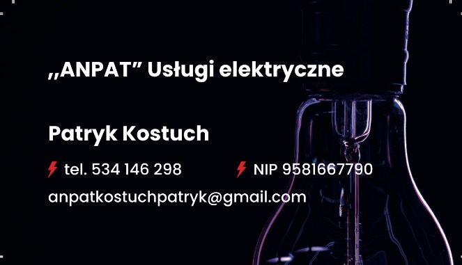 Wizytówka firmy 'ANPAT' Usługi elektryczne z danymi kontaktowymi na tle żarówki