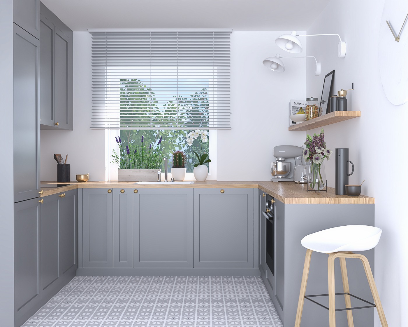 Szara kuchnia ze złotymi elementami