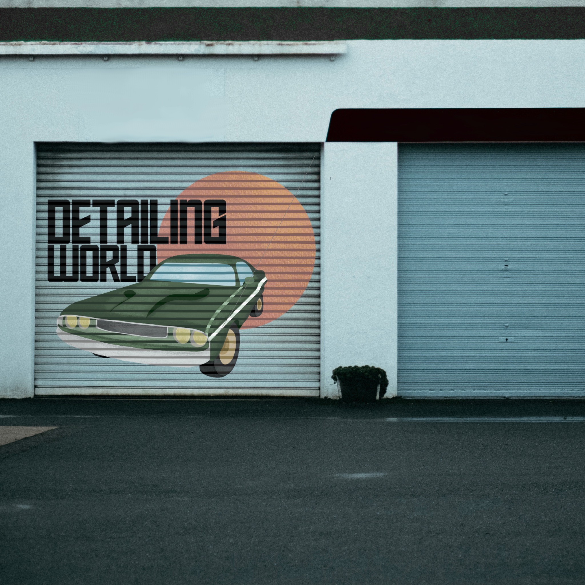 Ilustracja warsztatu detailingowego 'Detailing World' w Gdańsku, z grafiką zielonego samochodu na bramie garażowej.