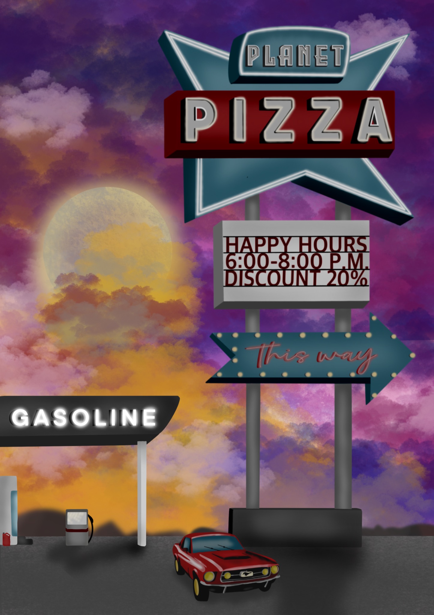 Retro-stylizowana grafika przedstawiająca neon Planet Pizza z napisem Happy Hours 6:00-8:00 P.M. Discount 20%, strzałką This way, stację benzynową Gasoline i czerwony samochód na tle księżycowego...
