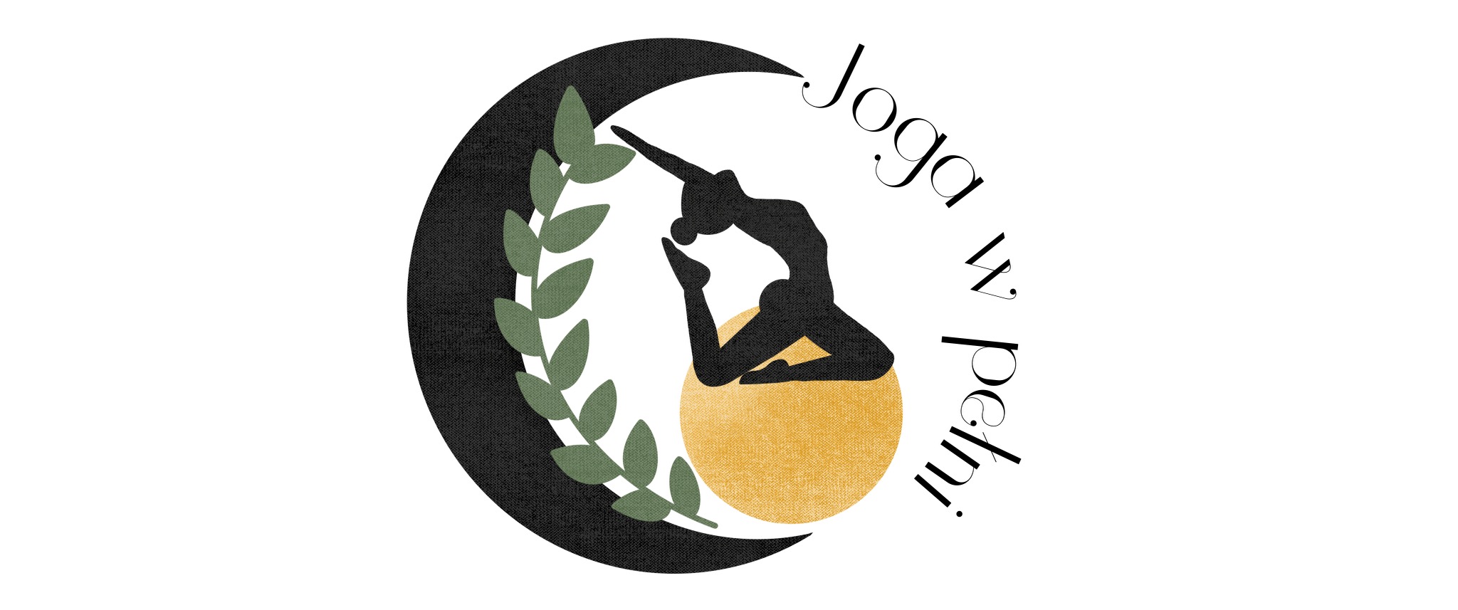 Logo z sylwetką kobiety w pozycji jogi na tle księżyca i gałązki z liśćmi, obok napis 'Joga w pełni' w ozdobnej czcionce.