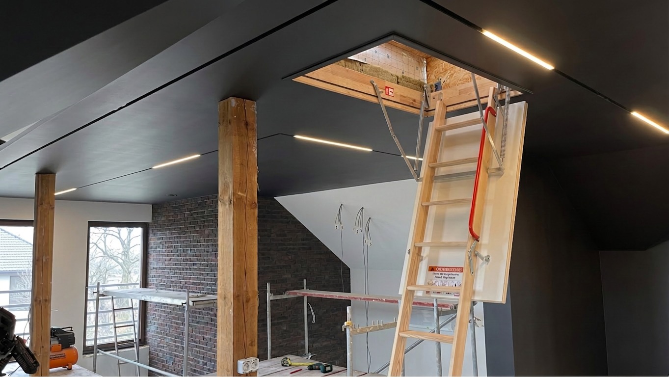 Czarne wykończenie sufitu na poddaszu z drewnianymi belkami i oświetleniem LED. Widoczne schody strychowe i rusztowanie, sugerujące etap prac wykończeniowych.