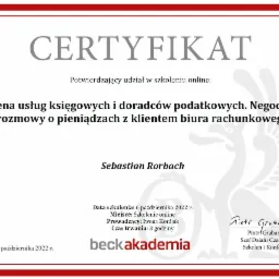 Certyfikat uczestnictwa w szkoleniu: Wycena usług księgowych i doradców podatkowych.