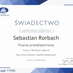 Świadectwo ukończenia kursu w Akademii Leona Koźmińskiego: Finanse Przedsiębiorstwa.
