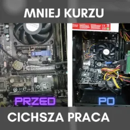 Porównanie płyty głównej komputera przed i po czyszczeniu, widoczna różnica w ilości kurzu i poprawa estetyki wnętrza obudowy.