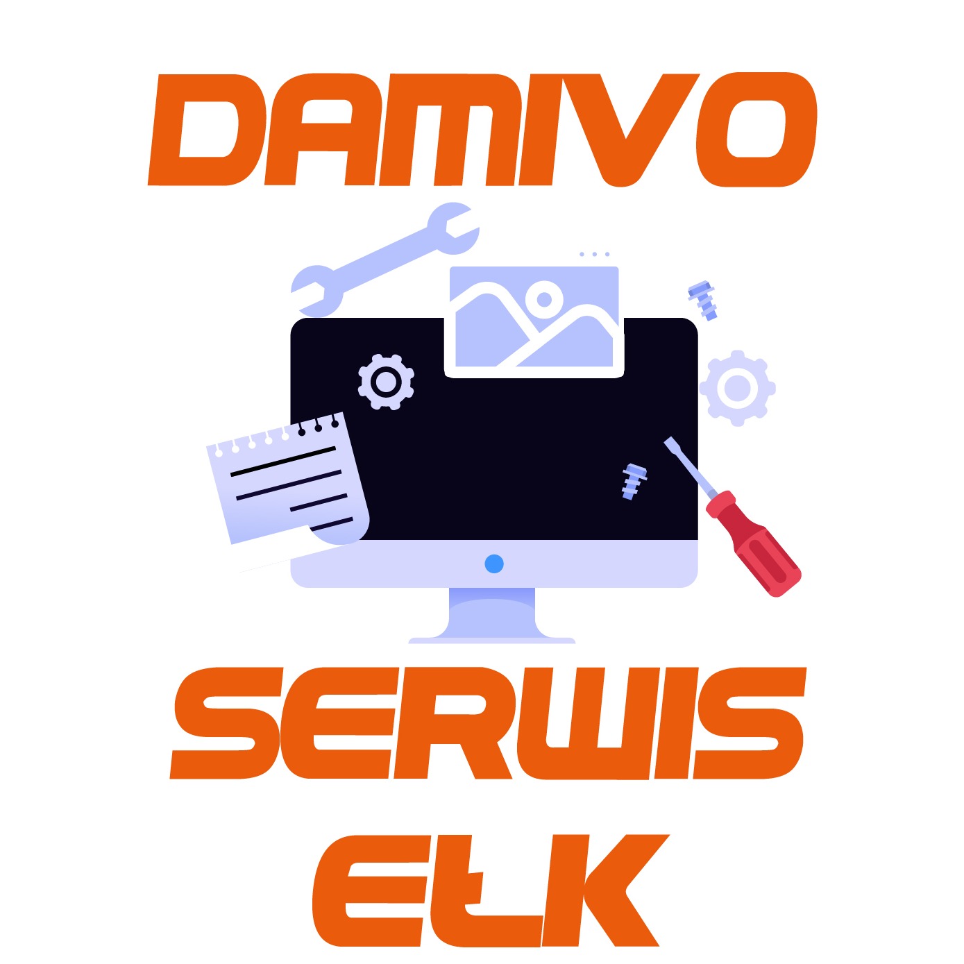 Ilustracja wektorowa przedstawiająca serwis komputerowy Damivo Ełk, z komputerem, notatnikiem, śrubokrętem i kluczem, w pomarańczowo-niebieskiej kolorystyce.