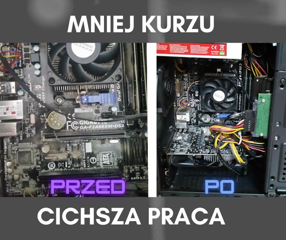 Porównanie płyty głównej komputera przed i po czyszczeniu, widoczna różnica w ilości kurzu i poprawa estetyki wnętrza obudowy.