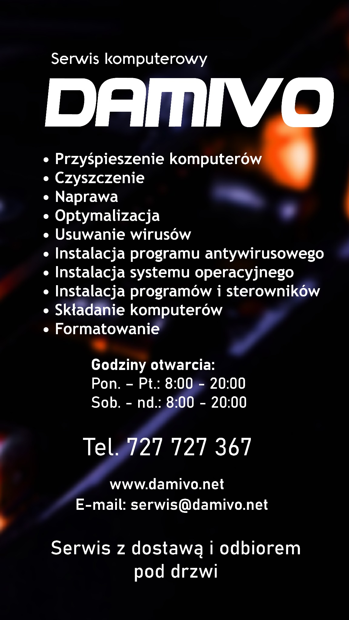 Grafika reklamowa serwisu komputerowego Damivo z Ełku, oferującego przyspieszenie, czyszczenie, naprawę, optymalizację, usuwanie wirusów, instalację oprogramowania i formatowanie komputerów.