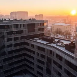 Nowoczesny budynek mieszkalny z balkonami zabezpieczonymi białymi, pionowymi barierkami, widziany z góry w porannym świetle, z miejskim krajobrazem w tle.