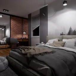 Sypialnia w stylu loft z ceglaną ścianą, łóżkiem z szarym wezgłowiem i pościelą w stonowanych kolorach, biurkiem z krzesłem w tle oraz fototapetą z motywem lasu na ścianie.
