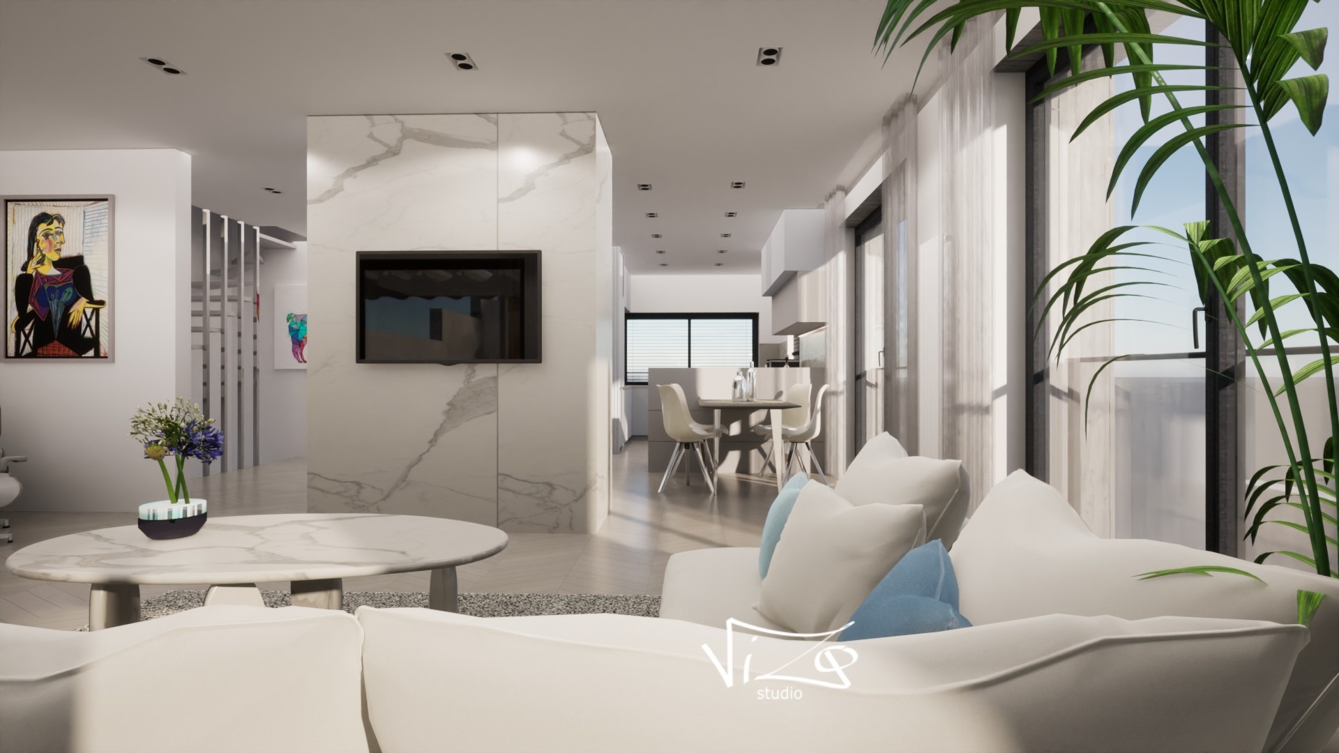 Wizualizacja jasnego salonu z marmurową ścianą, telewizorem, okrągłym stolikiem z kwiatami i białym narożnikiem z błękitnymi poduszkami, widok na jadalnię i kuchnię w tle.