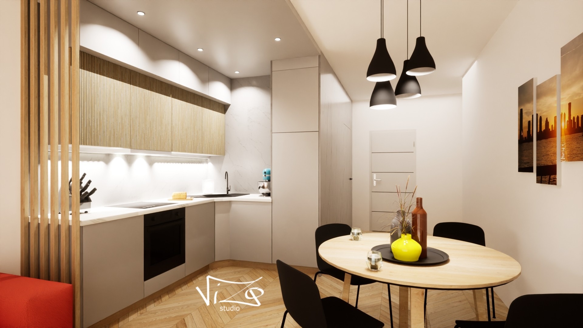 Wizualizacja kuchni z jadalnią: jasne, drewniane szafki kuchenne z pionowymi żłobieniami, biały blat, czarne AGD, okrągły stół z czarnymi krzesłami i dekoracjami, drewniana podłoga w jodełkę...