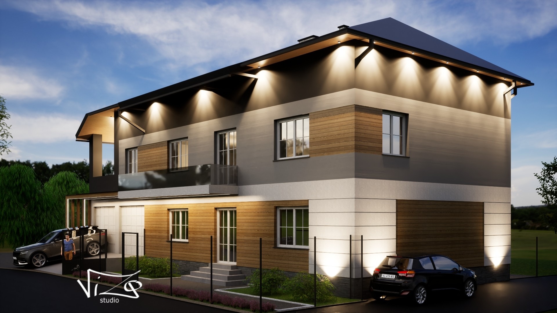 Wizualizacja dwukondygnacyjnego domu z garażem, z elementami drewnianej elewacji i oświetleniem zewnętrznym, prezentowana w scenerii zmierzchu.
