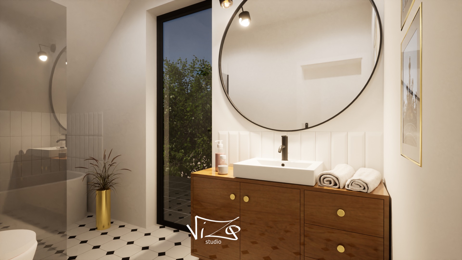 Wizualizacja nowoczesnej łazienki z umywalką nablatową, okrągłym lustrem z czarną ramą, drewnianą szafką z złotymi uchwytami i czarno-białą podłogą w karo, widok na zieleń za oknem.