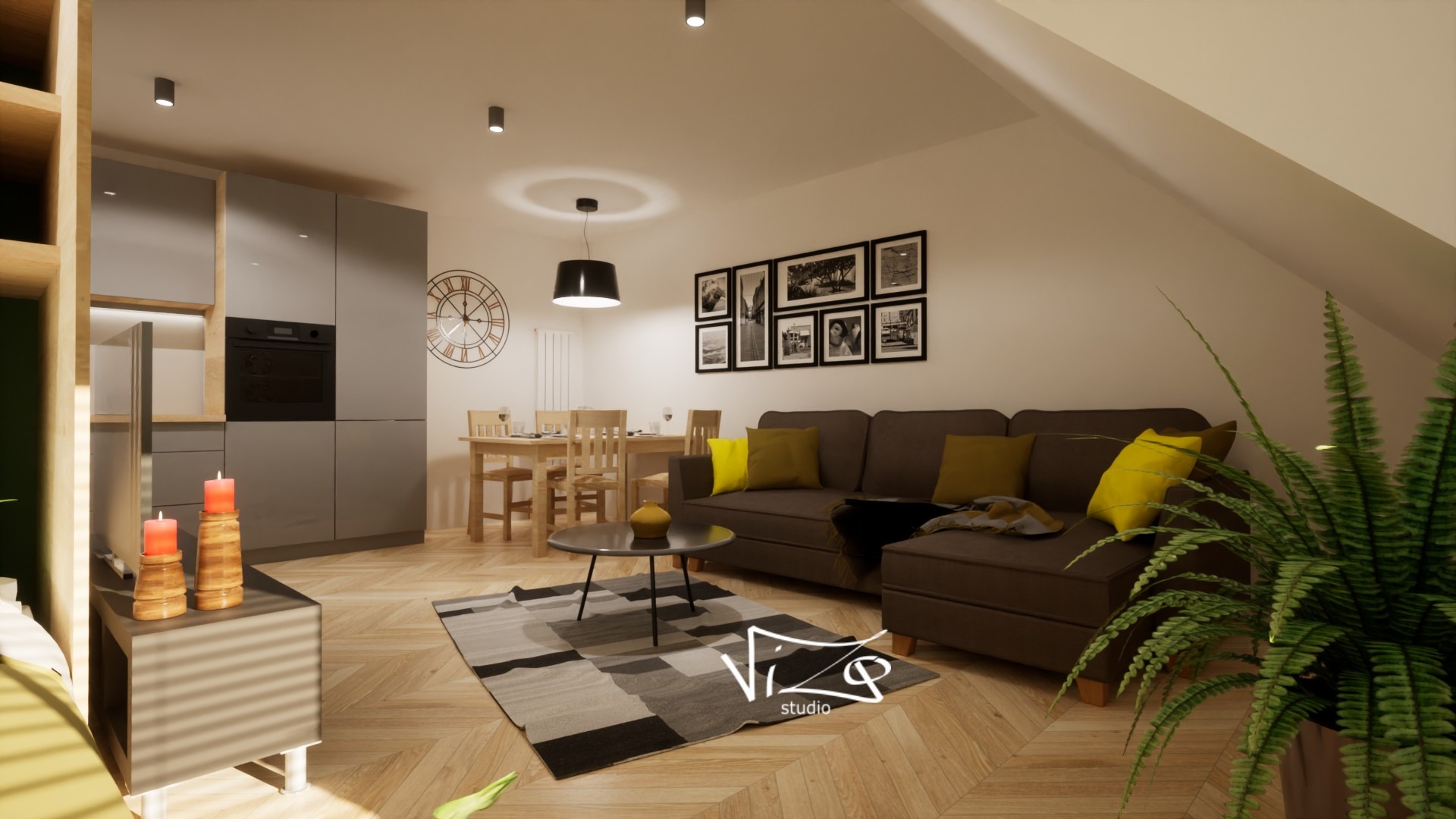 Wizualizacja wnętrza mieszkania z salonem połączonym z aneksem kuchennym i jadalnią, z brązową sofą z żółtymi poduszkami, okrągłym stolikiem kawowym i dywanem w geometryczne wzory na parkiecie...