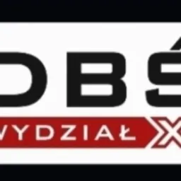Logo firmy z napisem 'DBŚ Wydział X' na białym tle z zaokrąglonymi rogami, dolna część napisu w czerwonym prostokącie.