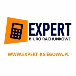 Logo firmy 'Expert Biuro Rachunkowe' z pomarańczowym symbolem kalkulatora i adresem strony internetowej.