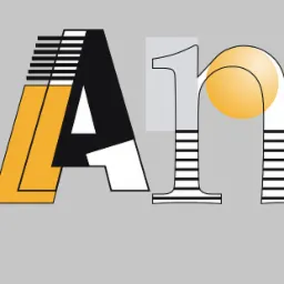 Abstrakcyjna kompozycja typograficzna z geometrycznymi elementami w kolorach żółtym, czarnym i białym na szarym tle.