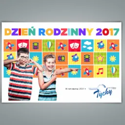 Plakat reklamowy wydarzenia 'Dzień Rodzinny 2017' z dwójką dzieci na tle kolorowych ikon, data 16 września 2017 i logo FCA Poland Tychy.
