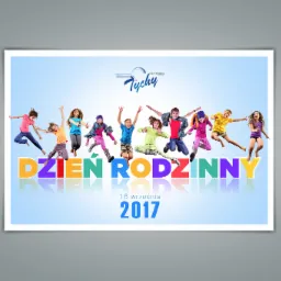 Plakat reklamowy wydarzenia 'Dzień Rodzinny' 16 września 2017 w Tychach dla FCA Poland, przedstawiający grupę skaczących dzieci na tle gradientu niebieskiego.