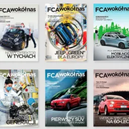Kolekcja okładek czasopisma 'Fiat Wokół Nas' prezentujących różnorodne modele Fiata, procesy produkcyjne, wydarzenia firmowe i aspekty historyczne marki.
