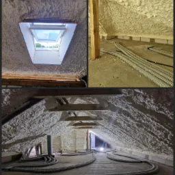 Poddasze ocieplone pianką PUR, widoczne fragmenty okna dachowego i instalacji elektrycznej w peszlach.