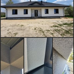 TaFFa-Dawid Wnętrzak - Nowoczesny dom jednorodzinny z jasną elewacją o fakturze baranka, czarną stolarką okienną i grafitową dachówką, detale wykończenia elewacji w zbliżeniu.