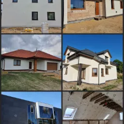 Kolaż sześciu zdjęć różnych budynków: dom z białą elewacją i ciemnymi oknami, budynek z elewacją z kamienia i białym tynkiem, dom z czerwoną dachówką i drewnianymi akcentami, dom z białą elewacją...