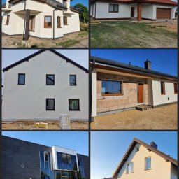 TaFFa-Dawid Wnętrzak - Kompilacja zdjęć prezentująca różnorodne domy po wykonaniu elewacji, ukazująca style od nowoczesnych z ciemną okładziną po tradycyjne z jasnym tynkiem.