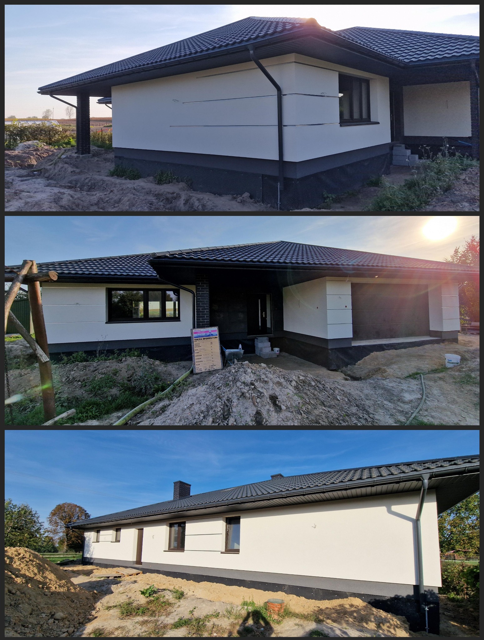 Trzy ujęcia domu jednorodzinnego z jasną elewacją i ciemną dachówką, widoczne prace wykończeniowe wokół budynku, w tym hałdy ziemi i tablica informacyjna budowy.